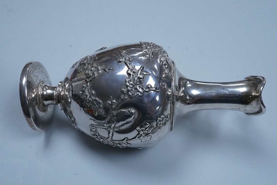 An early 20th century Chinese Export white metal posy vase, by Wang Hing, 18.4cm and a similar ewer by Tien Shing?, lacking cover.